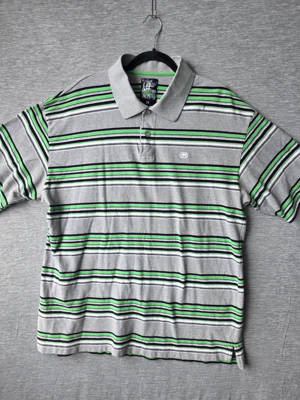 Ecko Unltd Men’s 2X Gray Green Striped Polo Shirt Y2K Streetwear